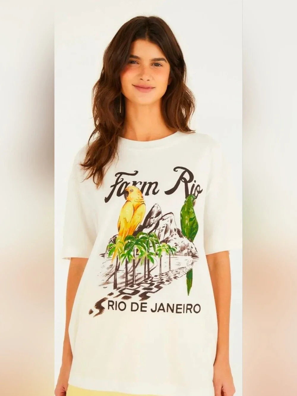 FARM Rio White Graphic Short Sleeve Tee with Tropical Bird Print - Picture 1 of 9